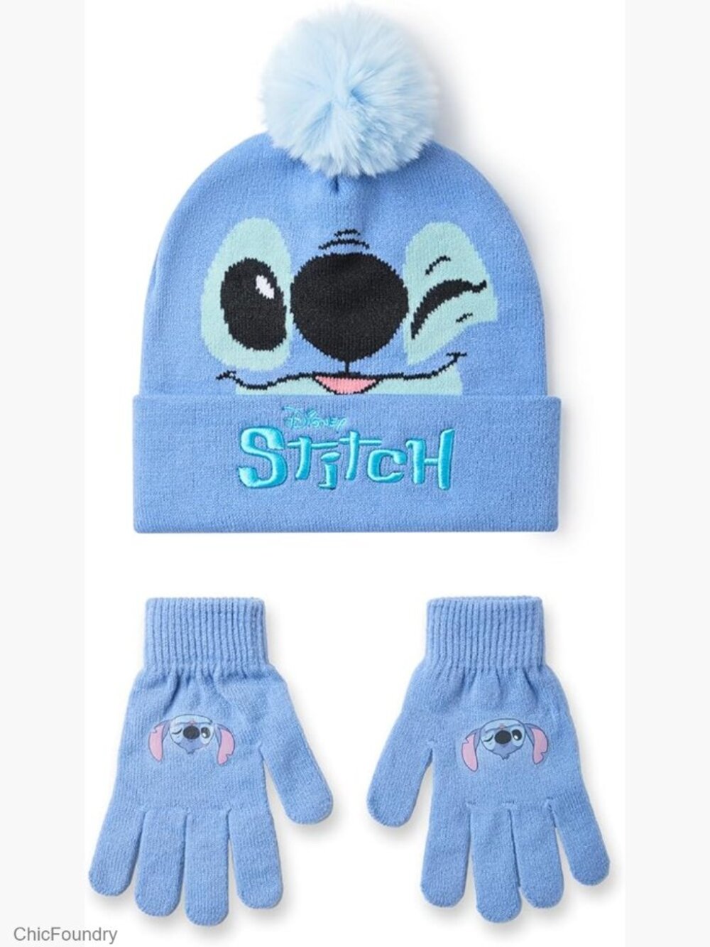 Girls Lilo & Stitch Knitted Pom Pom Beanie and Gloves Set Winter Gear